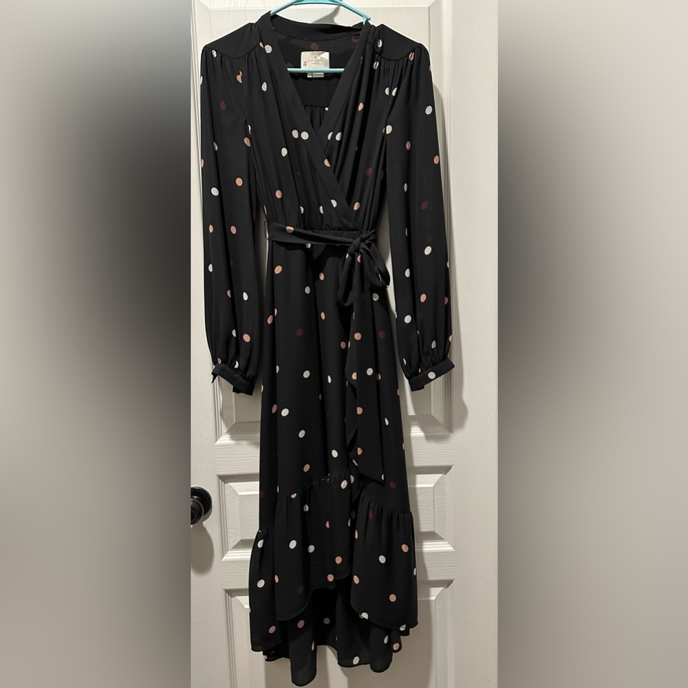 Kate Spade Long Sleeve Bakery Dot Midi Wrap Dress Black w Pink & White Polka Dot - Picture 3 of 8